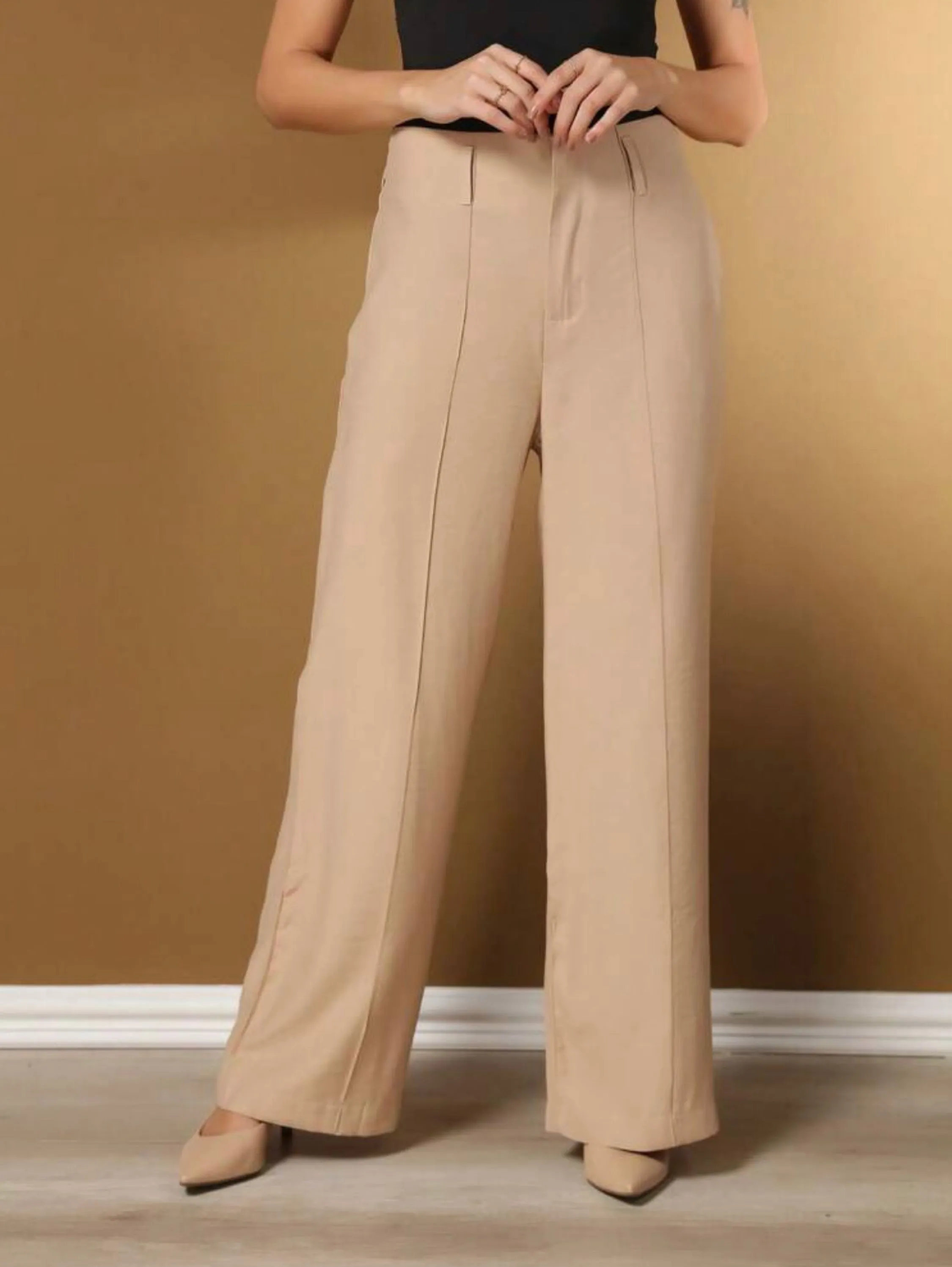 Calça pantalona feminina tecido sensoriale marrant com detalhes de linha na frente e zíper (sem cinto)