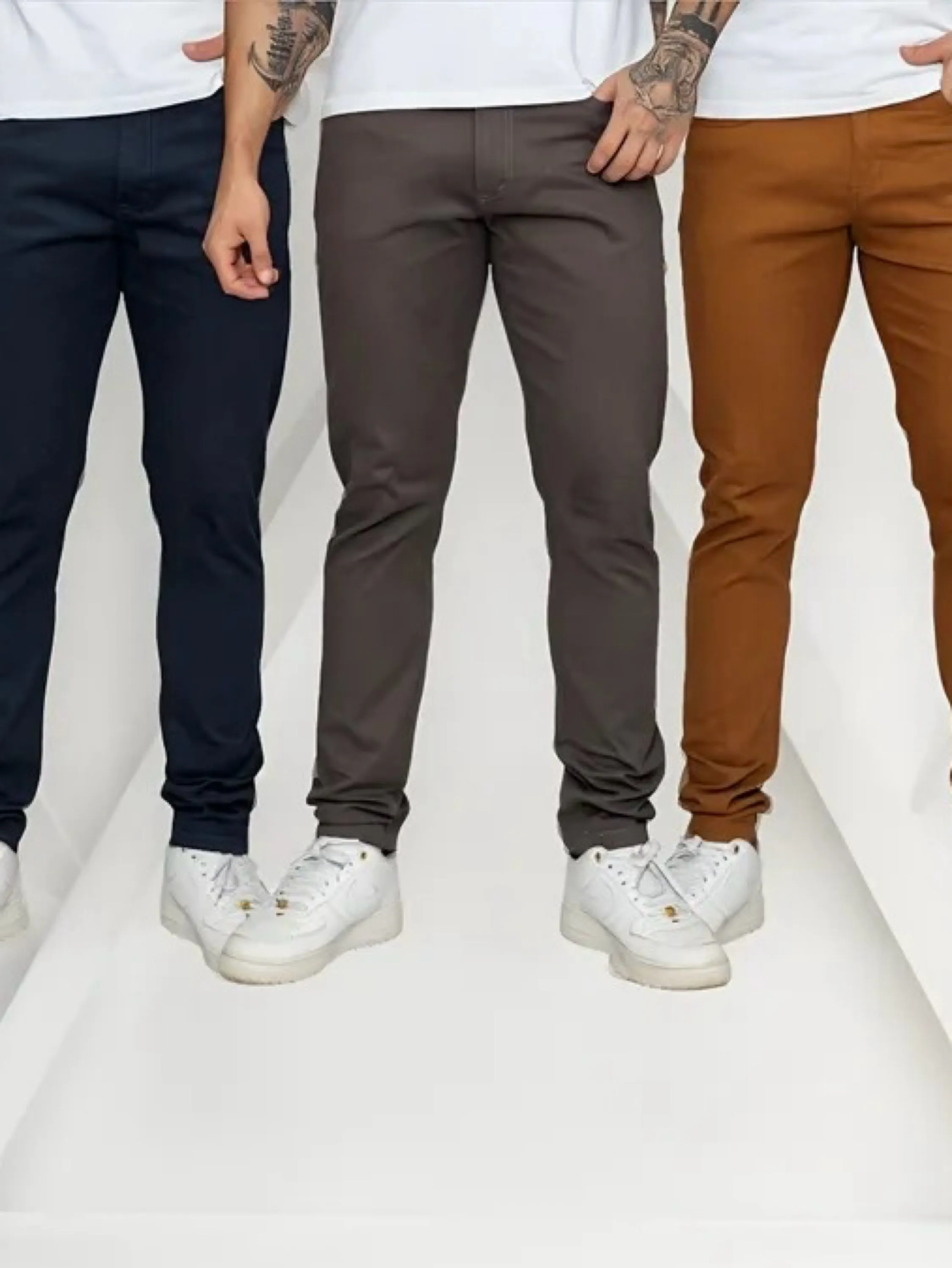 Calça Sarja Masculina Lycra Elastano - Bege, Preta, Azul Marinho, Cinza Chumbo, Caramelo