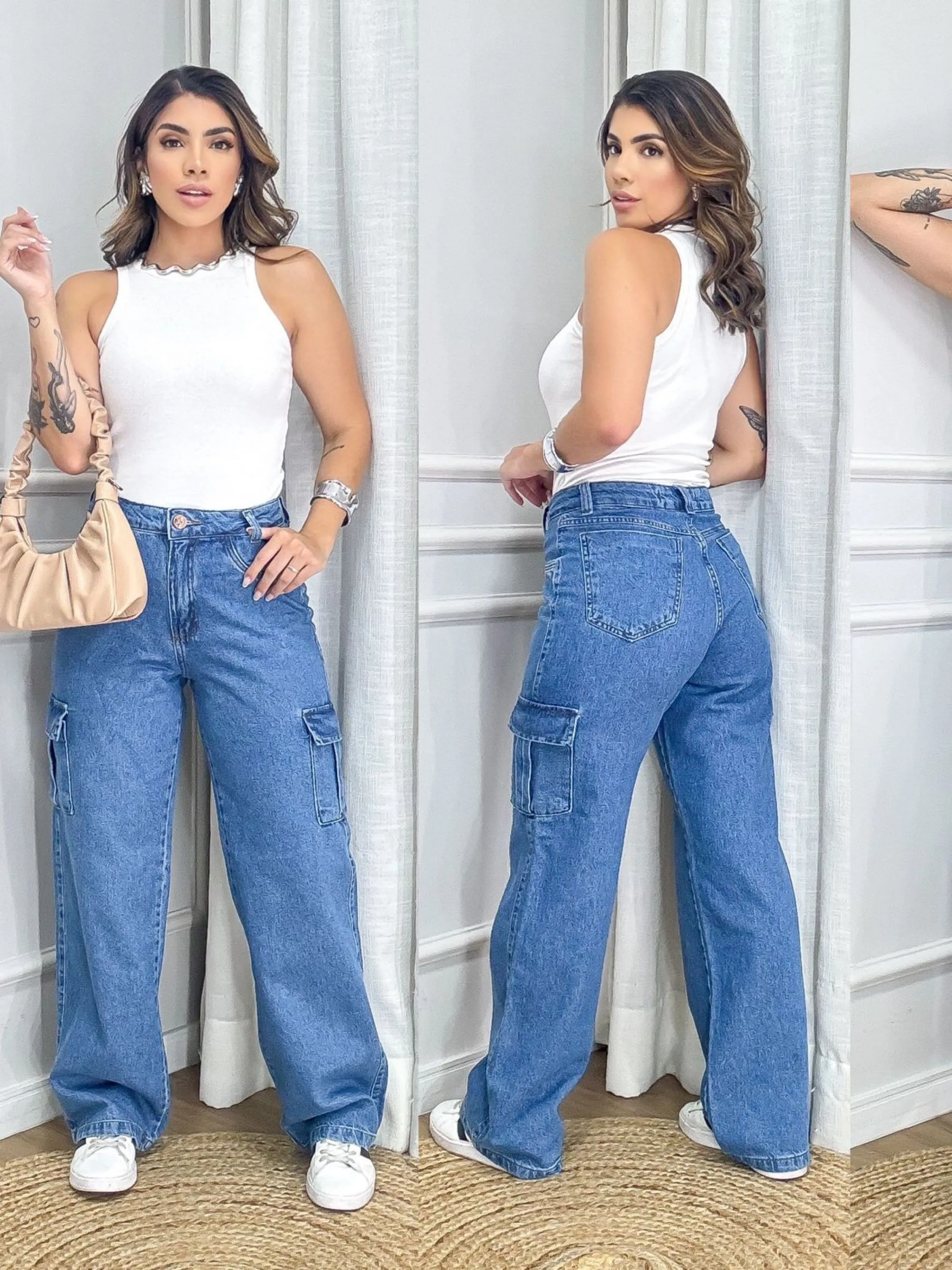 Calça jeans feminina cargo wide leg