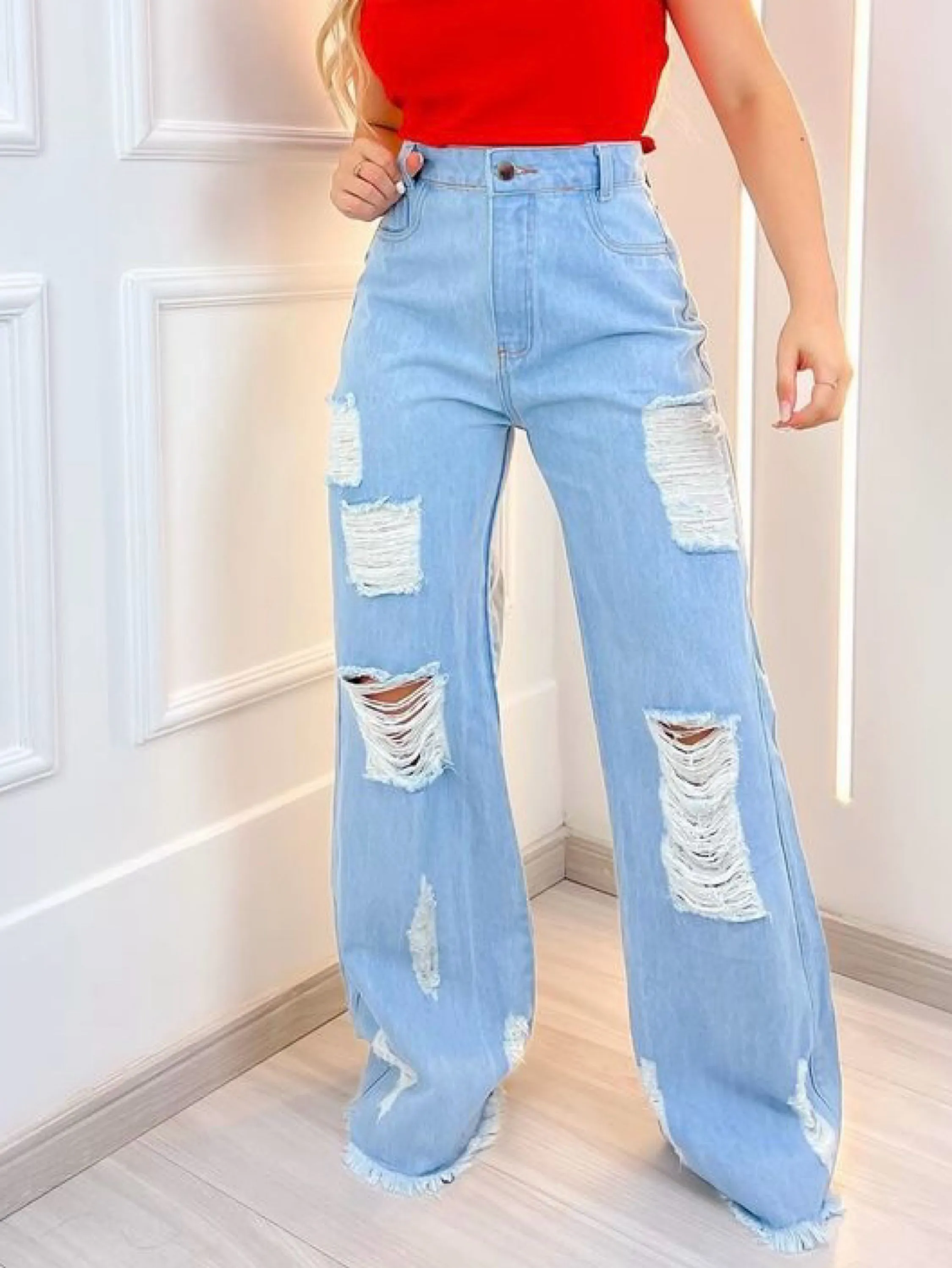 Calça jeans wide leg rasgado