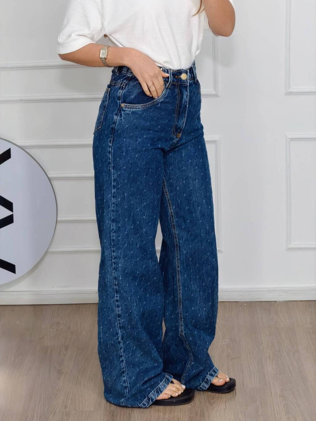 Calça Jeans Feminina Wide Leg Bolinhas