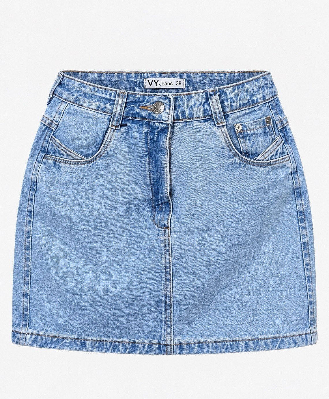 Saia Jeans Feminina Curta Cintura Alta Bolso Recortado com Rebites