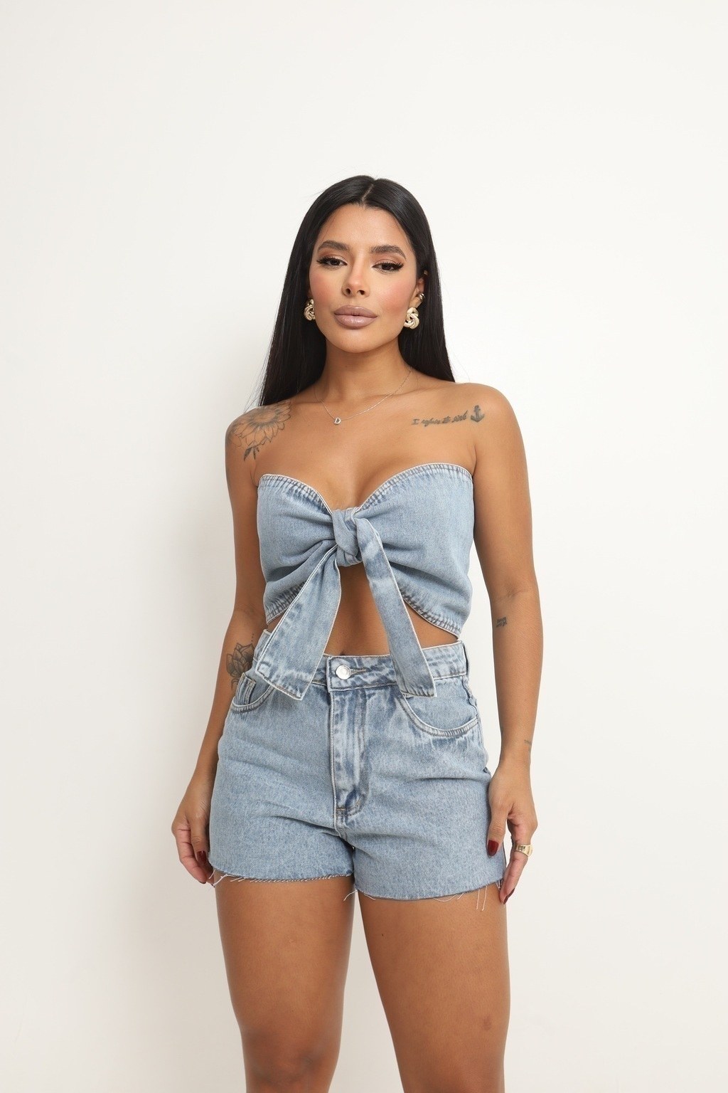 Conjunto Feminino Jeans Cropped de Amarrar + Short Jeans Feminino Com Bolso
