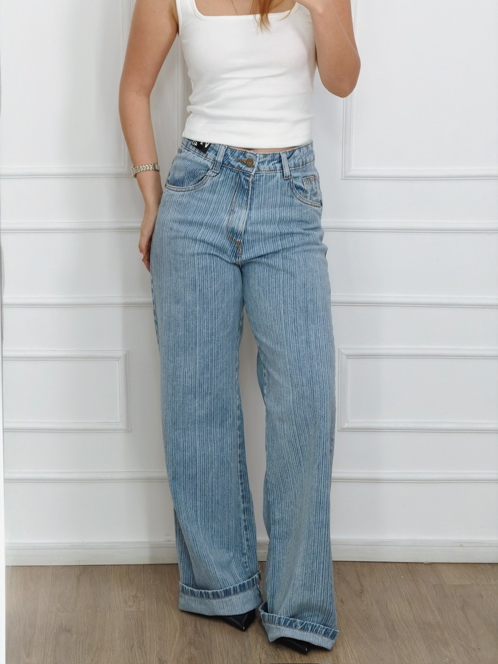 Calça Jeans Feminina Wide Leg PIPA listrado