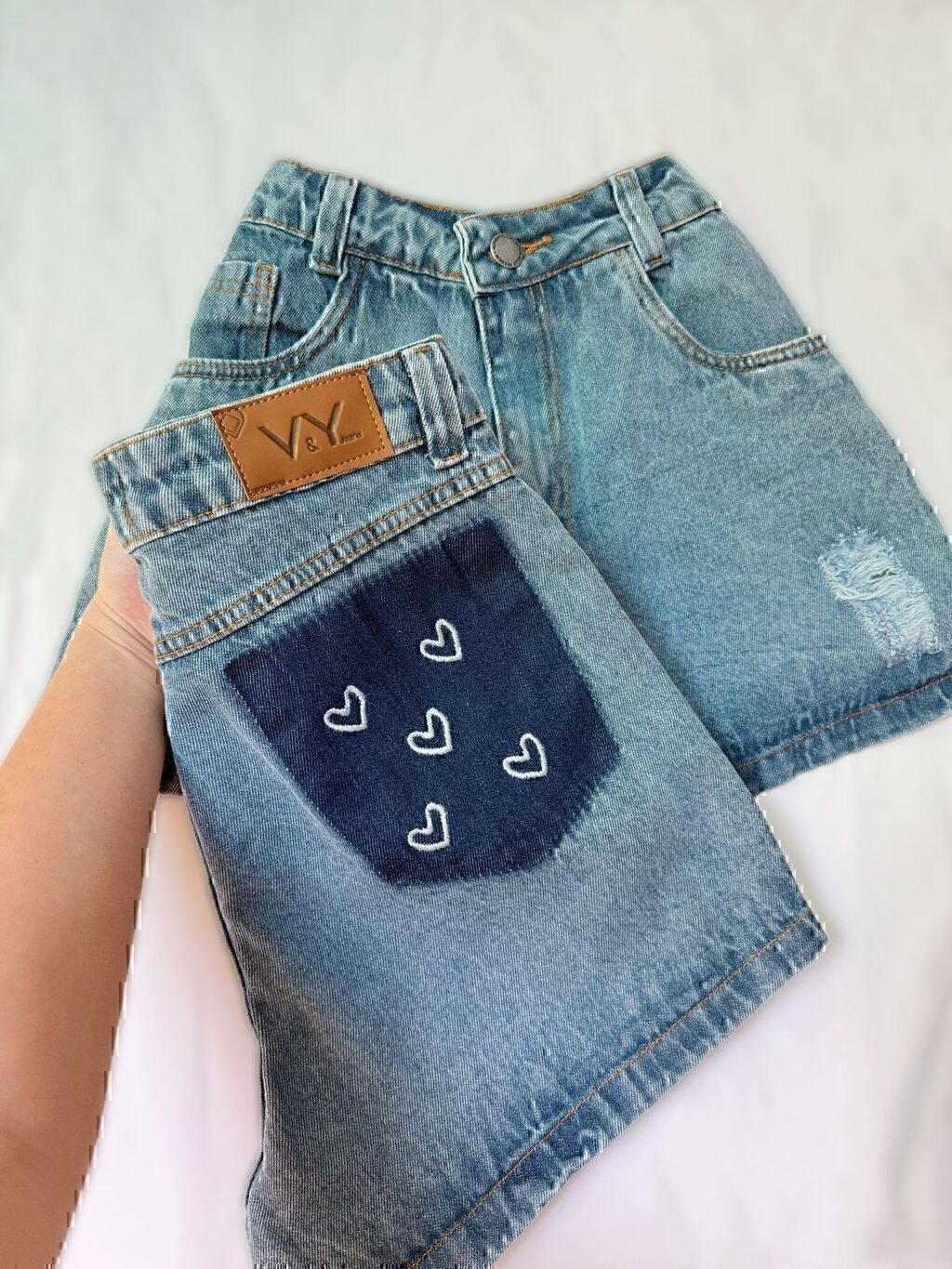 Short Jeans Feminino Bordado Coração Bolso Traseiro Com Bolso Melhor Qualidade