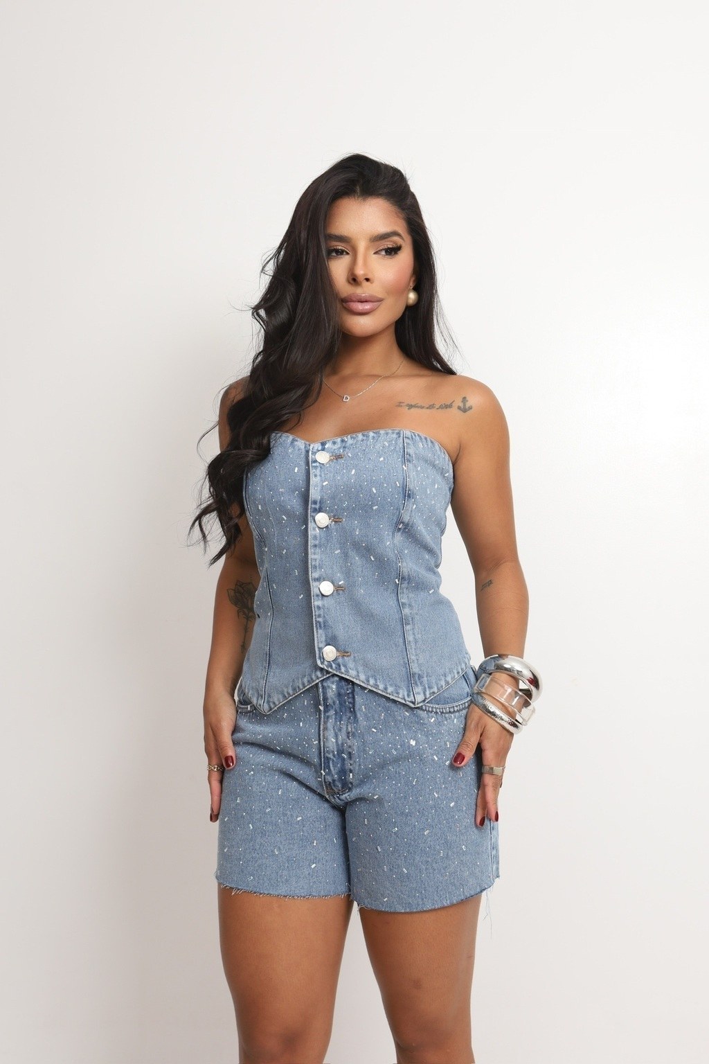 Conjunto Feminino Jeans Cropped + Short Pedraria Aplique Granulado Feminino Com Bolso(Lavagem Média,46)