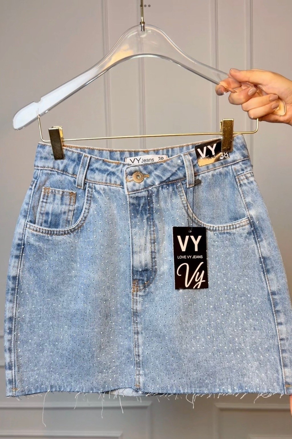 Saia Jeans Feminina Strass Toda de Brilho Pedraria Com Bolso