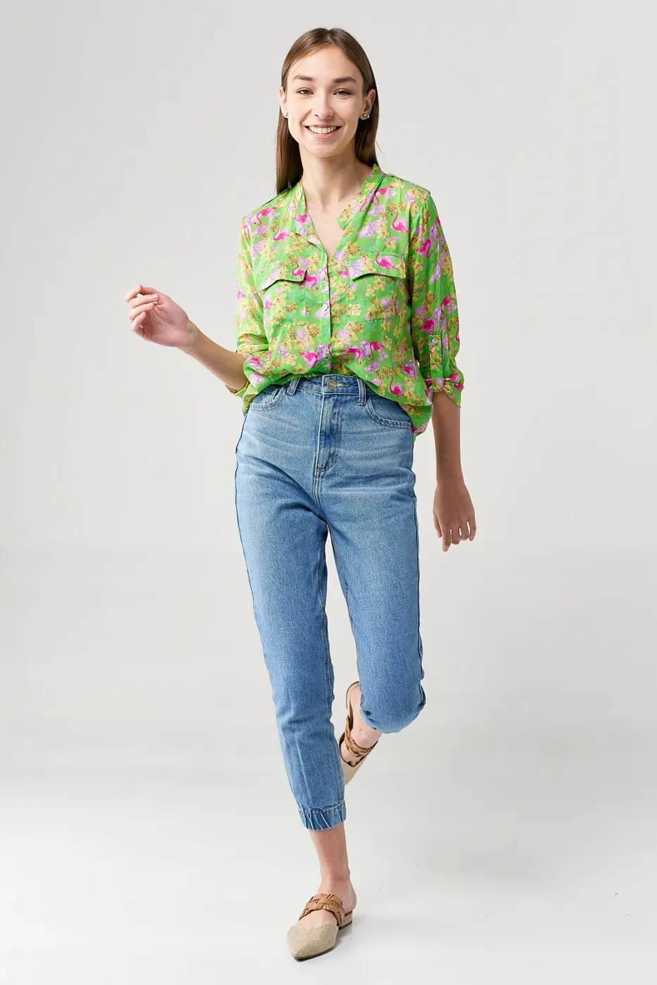 CAMISA CENARIUM ESTAMPADA FLAMINGO VERDE