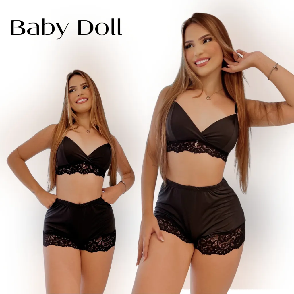 Pijama Baby Doll Feminino Adulto Microfibra e Renda Sensual