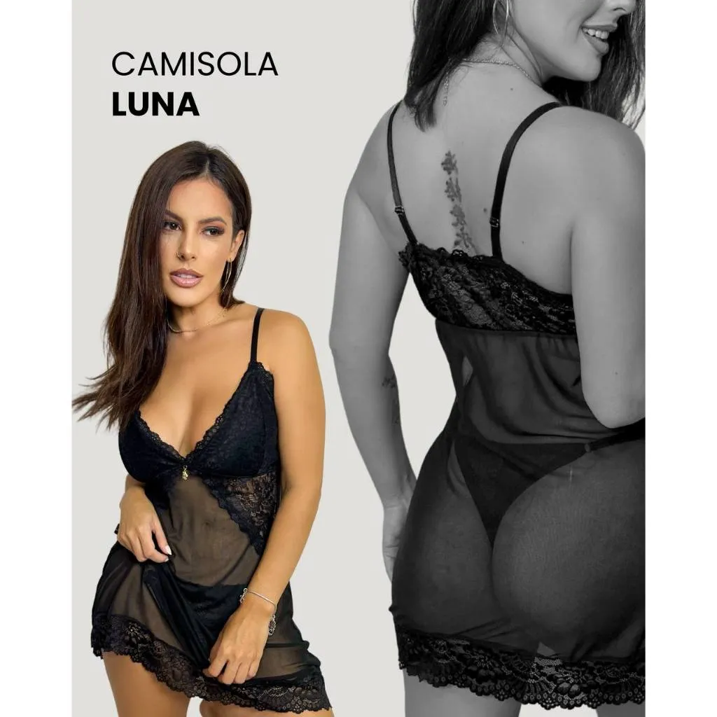 Camisola Luna: Busto forrado, tule e renda, calcinha semi fio, alças ajustáveis