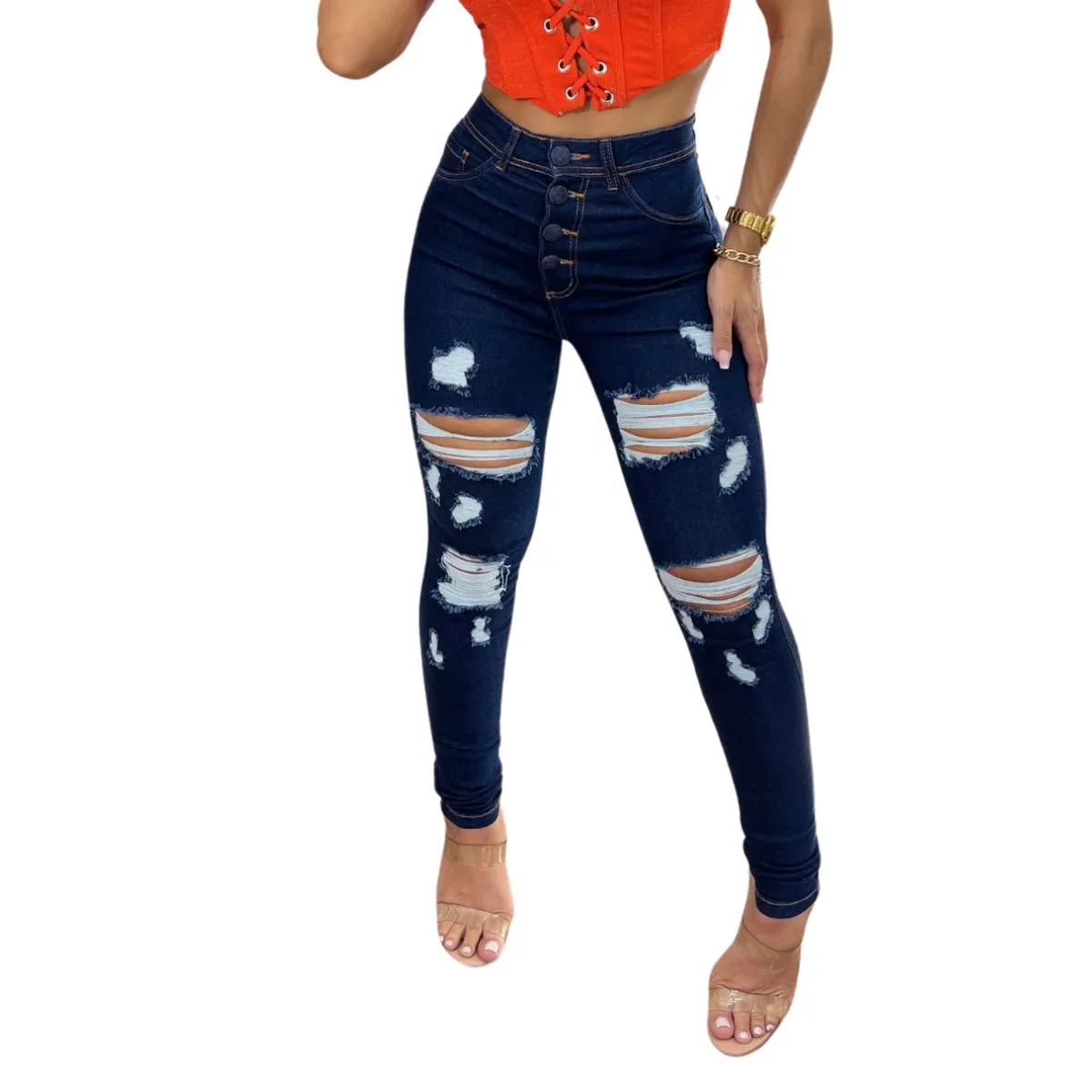 Calça Jeans Feminina Skinny com Lycra Rasgada 2108