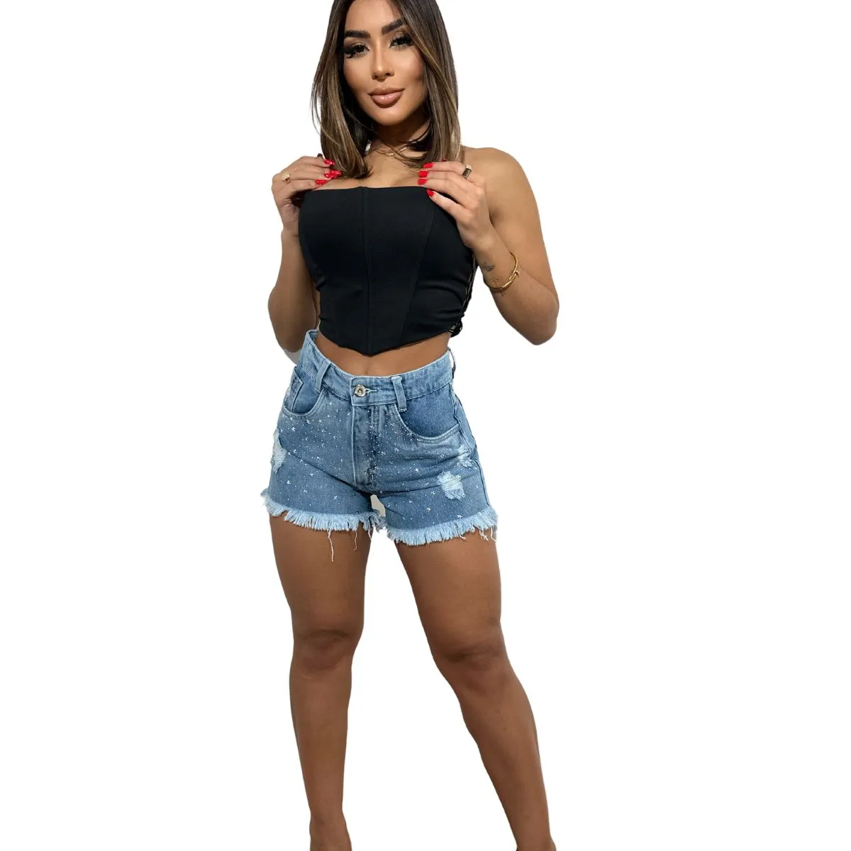 Short Jeans Feminino Sem Lycra com Brilho 5058