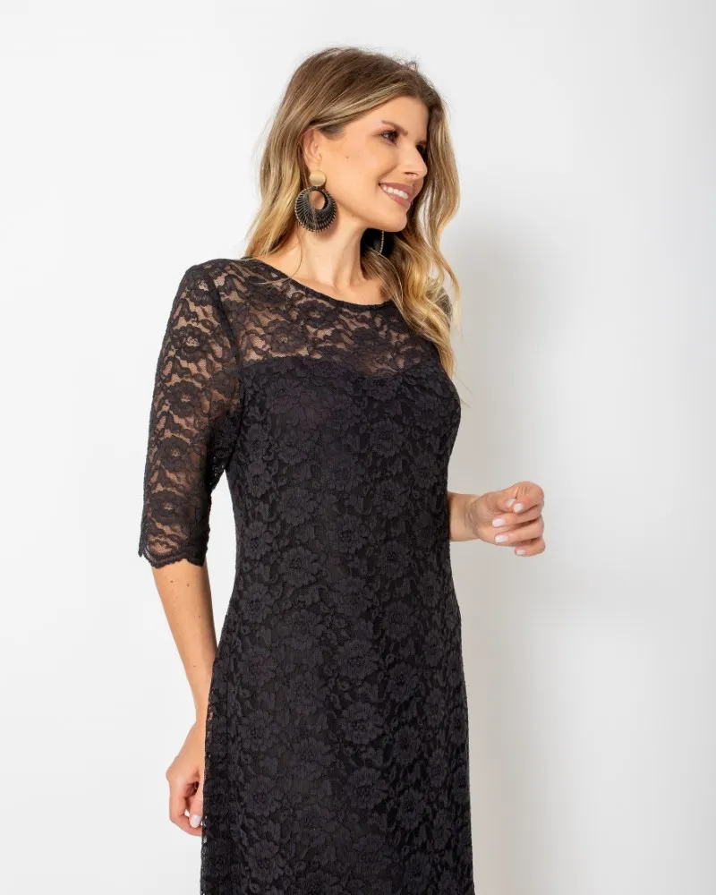 VESTIDO DE RENDA COM MANGA 3/4 PRETO