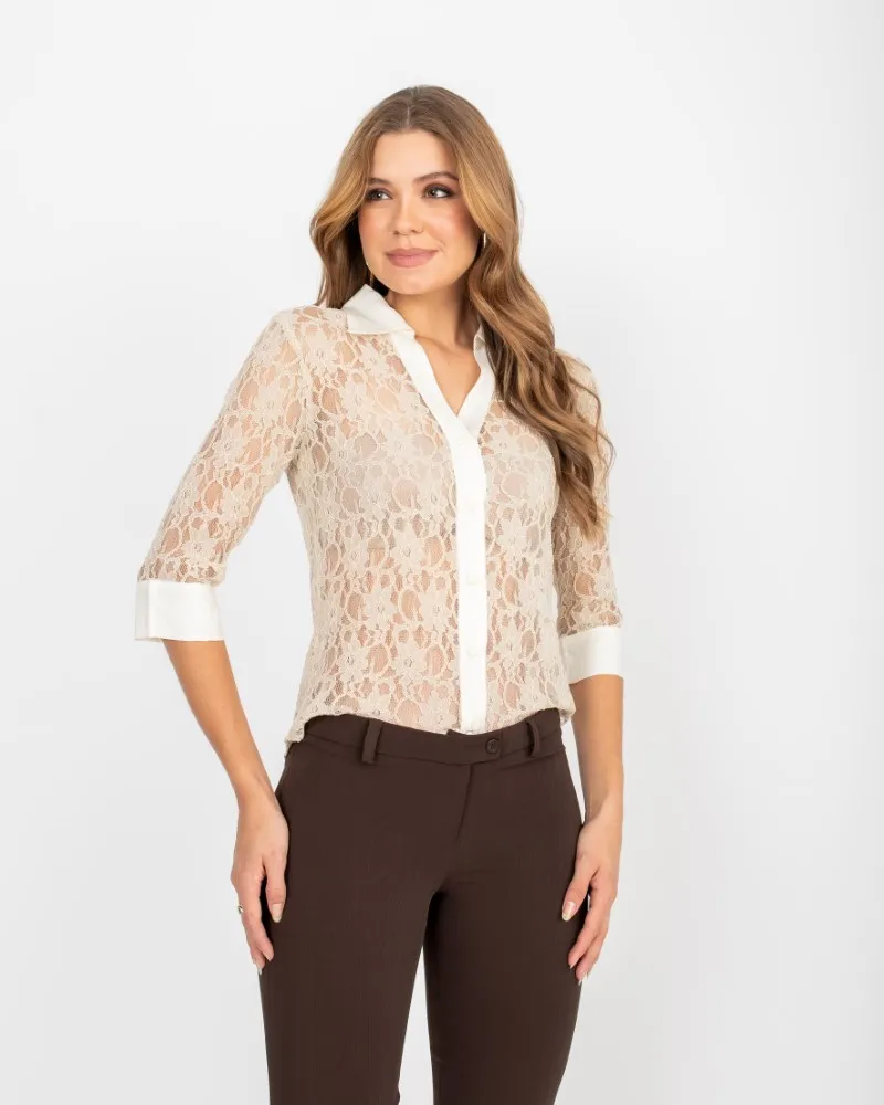 CAMISA DE RENDA MANGA 7/8 CREME