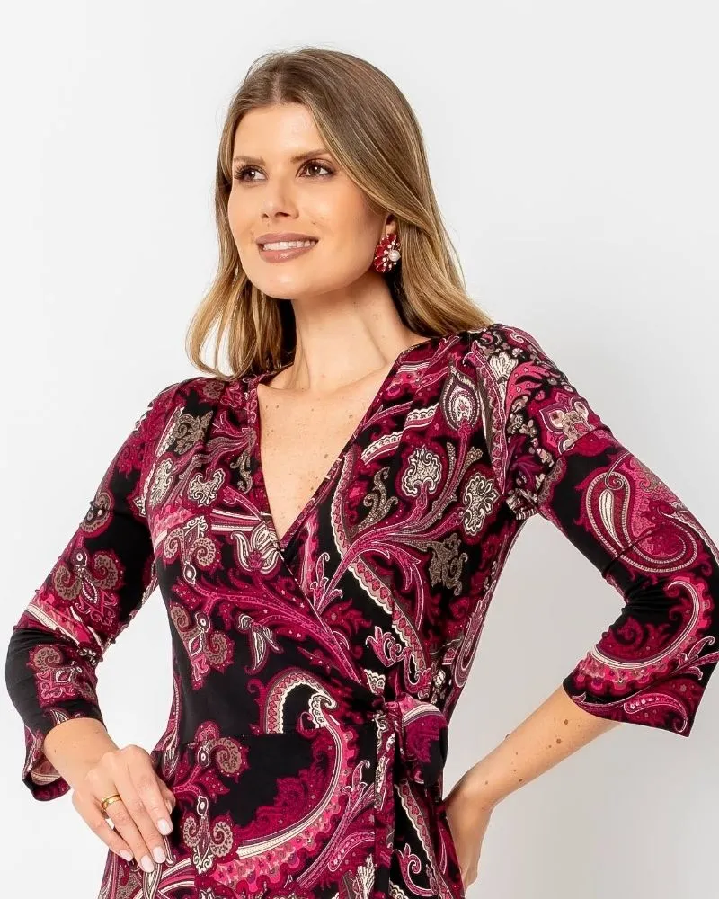 VESTIDO DE MALHA ENVELOPE MANGA SINO PAISLEY VINHO