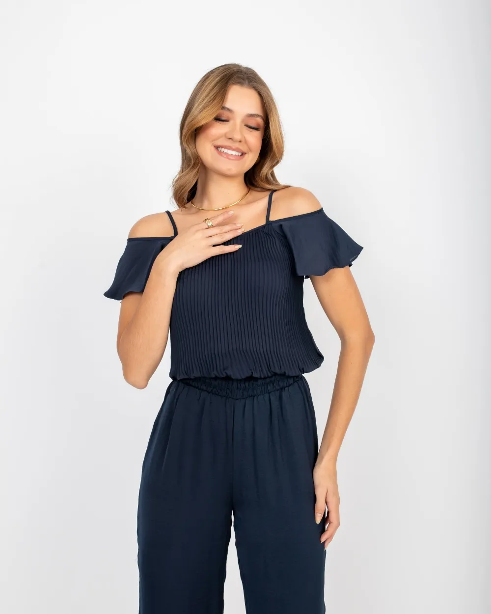 BLUSA DE CETIM OMBRO A OMBRO AZUL