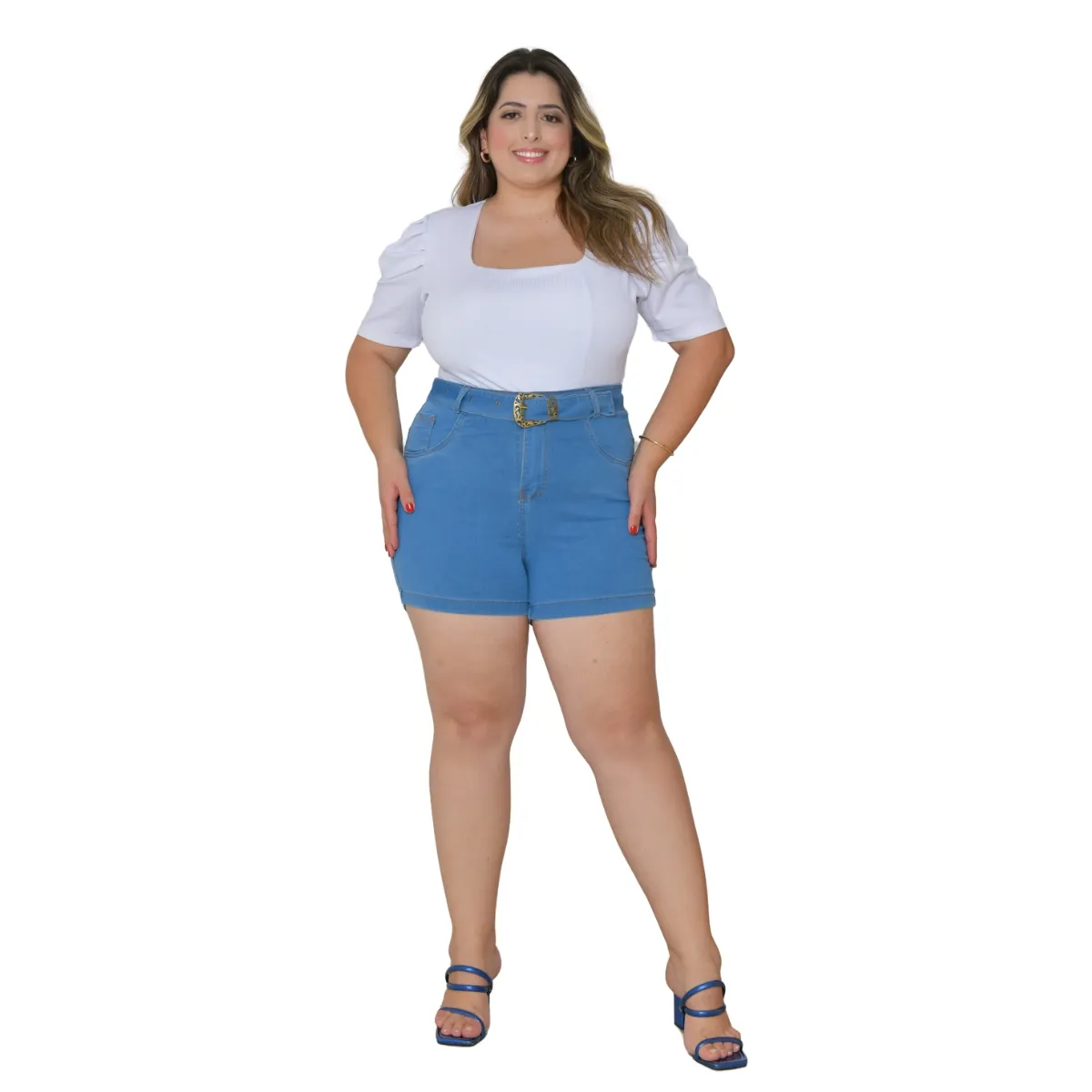 Shorts Jeans Feminino Plus Size Com Elastano e Cinto