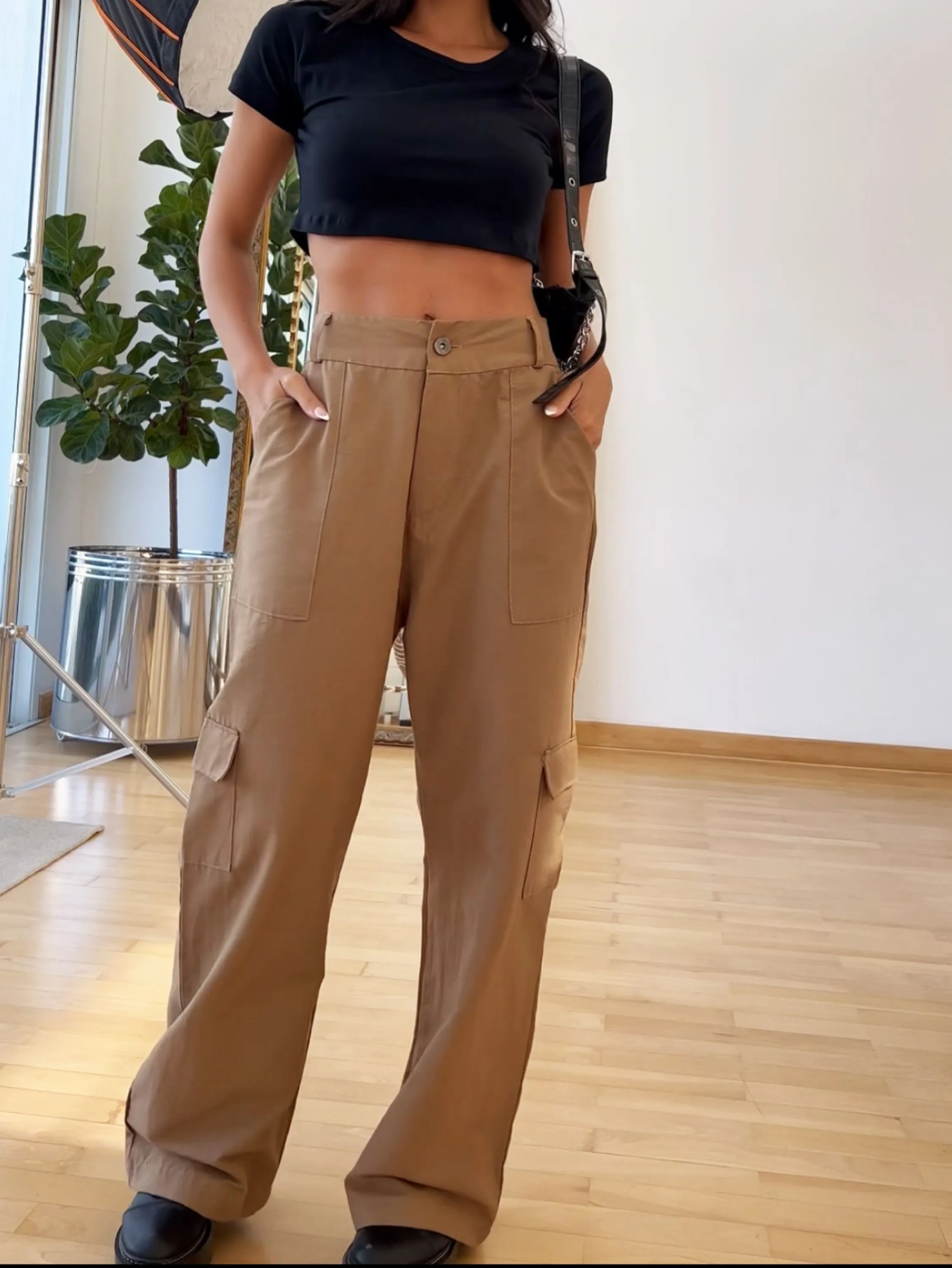 acb301 calça cargo sarja cintura alta wide leg