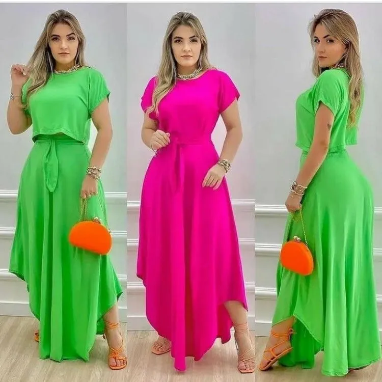 Conjunto  de saia e crooped em viscolinho