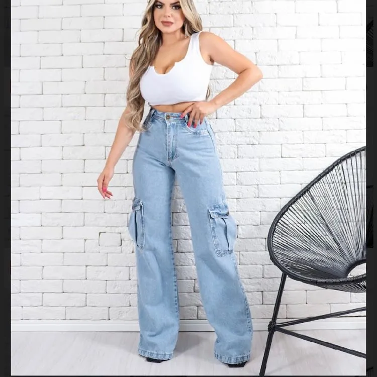 calça wide leg jeans cargo