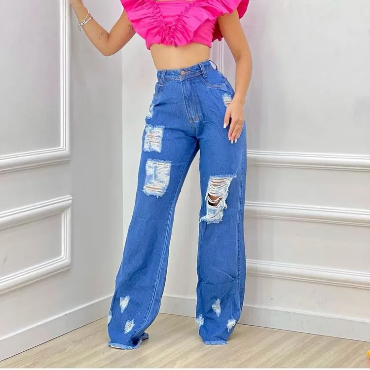 Calça wide leg jeans feminina