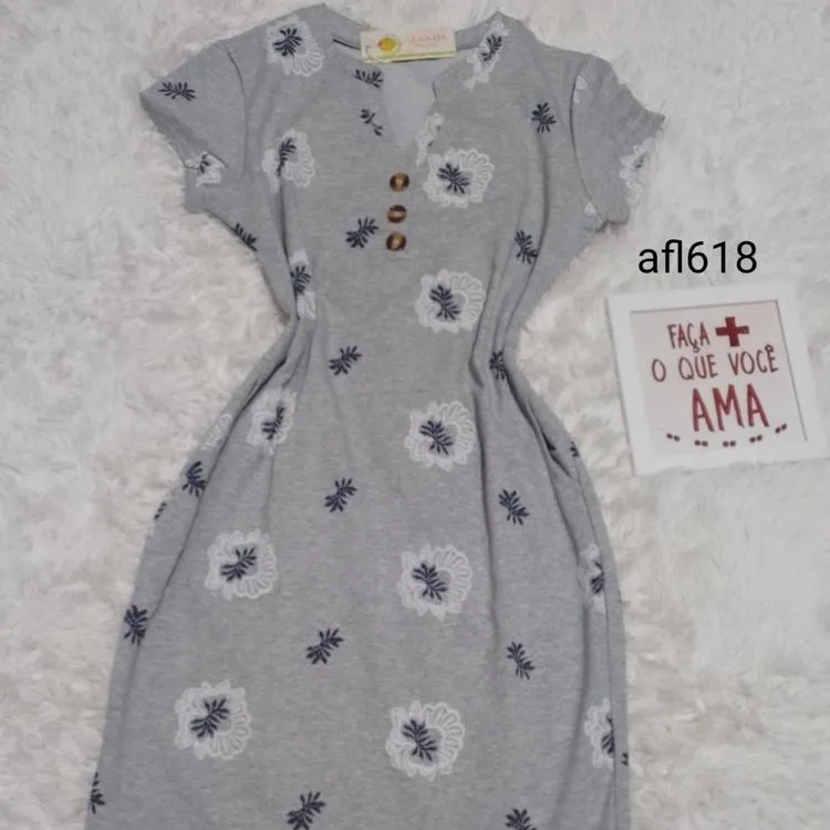 Afanda:AFL618-Vestido midi de algodão com elastano estampado ,manga curta