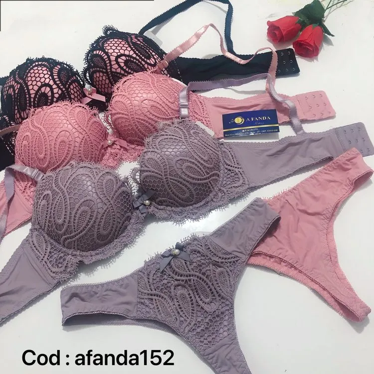 Promoção Afanda:152- Conjunto lingerie Sexy -Sutiã com com bojo bolha e calcinha fio dental com detalhe de renda