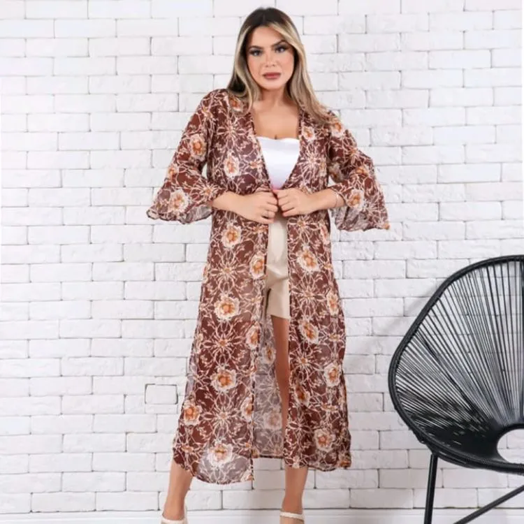 Afanda:601- Saida de Praia/Kimono de chiffon com elastano ,manga curta flare e com opção de amarrar na frente