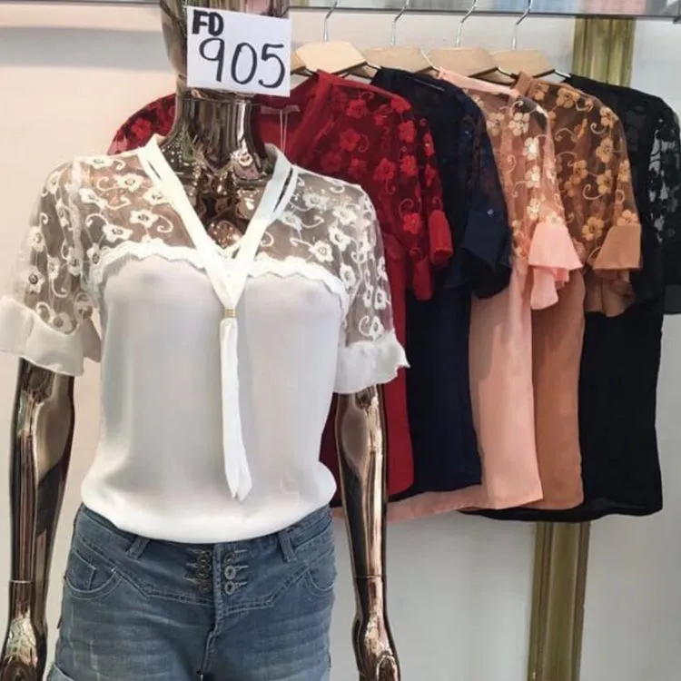 Afanda:FD905- Blusa fem. de manga curta ,viscose com elastano,com detalhe de tule e renda na frente e babado nas mangas