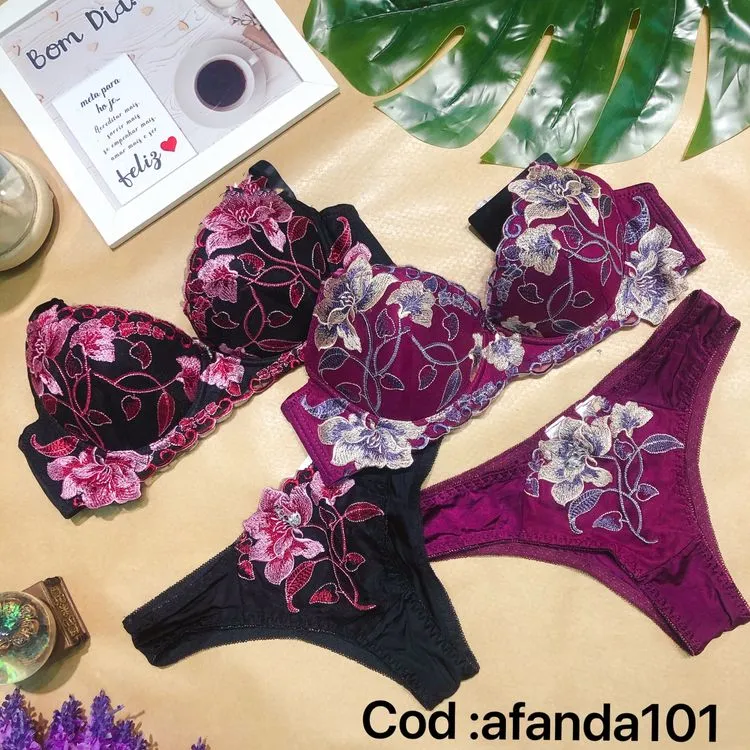 Promoção Afanda:HML101- Conjunto lingerie - Sutiã com bojo bolha e calcinha com detalhe de bordado