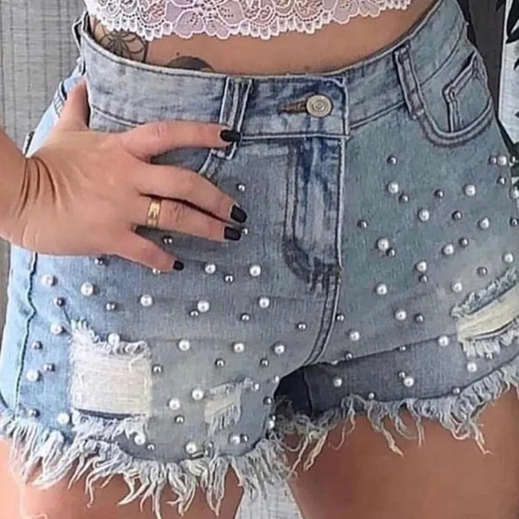 Afanda: Q006- Shorts jeans com pérolas