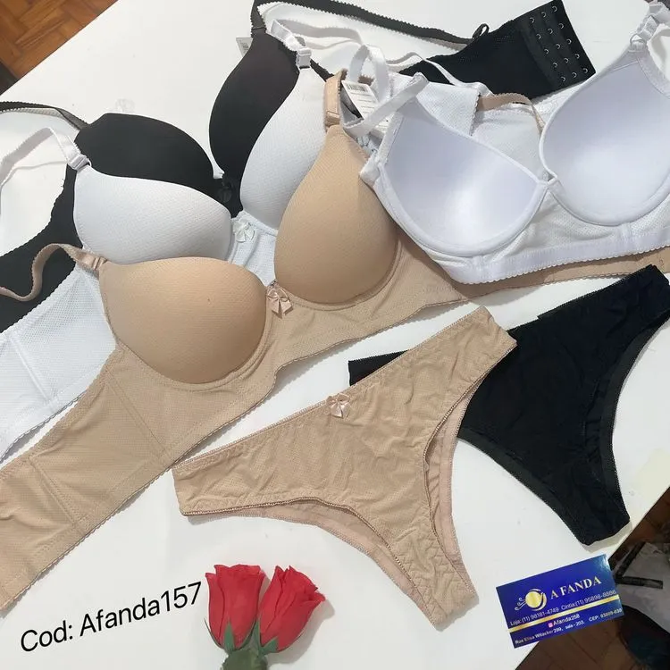 Promoção Afanda:157-Conjuno lingerie Básico -Sutiã com com bojo e calcinha de algodão com elastano