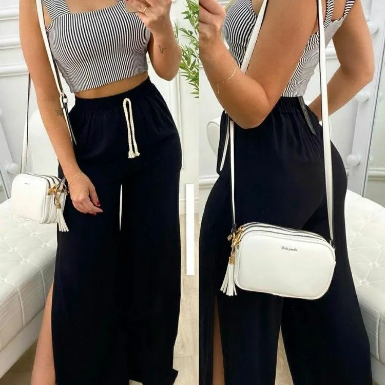 Calça pantalona com fenda