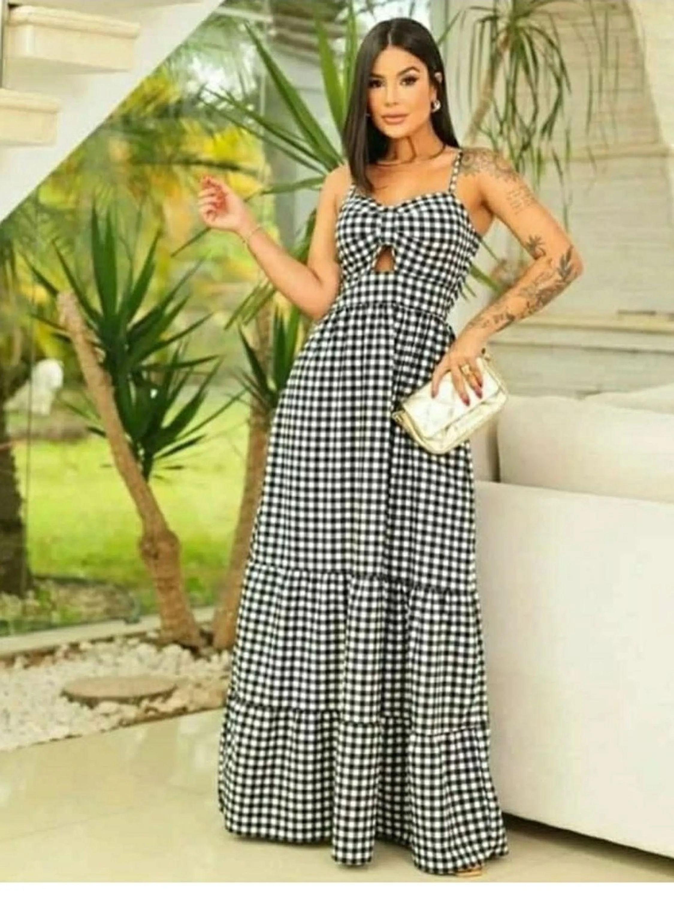 Vestido longo xadrez com bojo