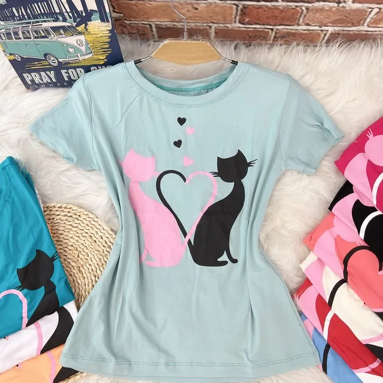 Camiseta T Shirt viscolycra feminina gato dois/manga curta/elástico/verão