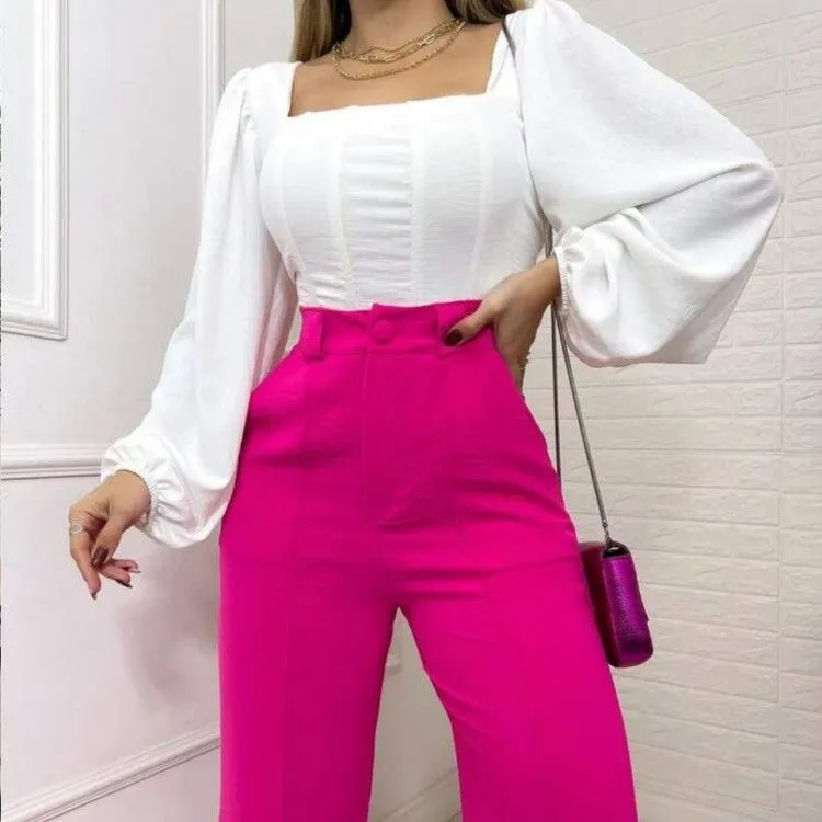 Calça Feminina Pantalona Wide Leg Duna com Botão