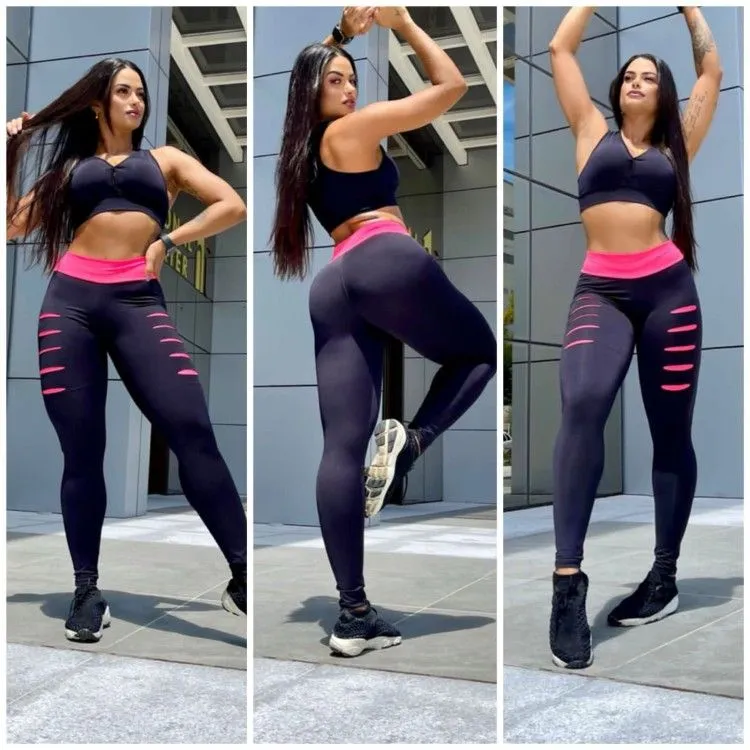 Conjunto fitness calça rasgada