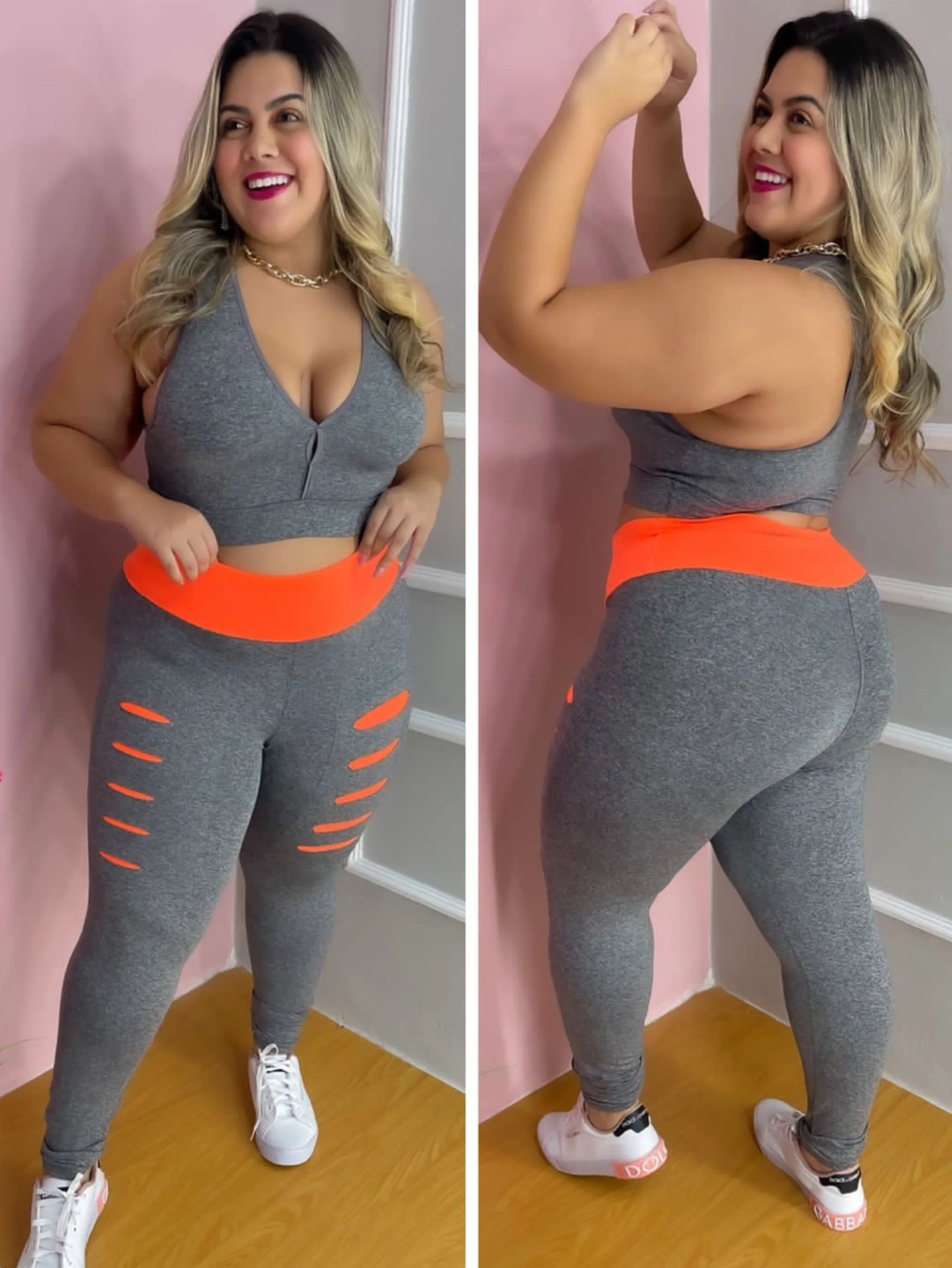 Conjunto fitness plus size calça rasgada mais top sem bojo