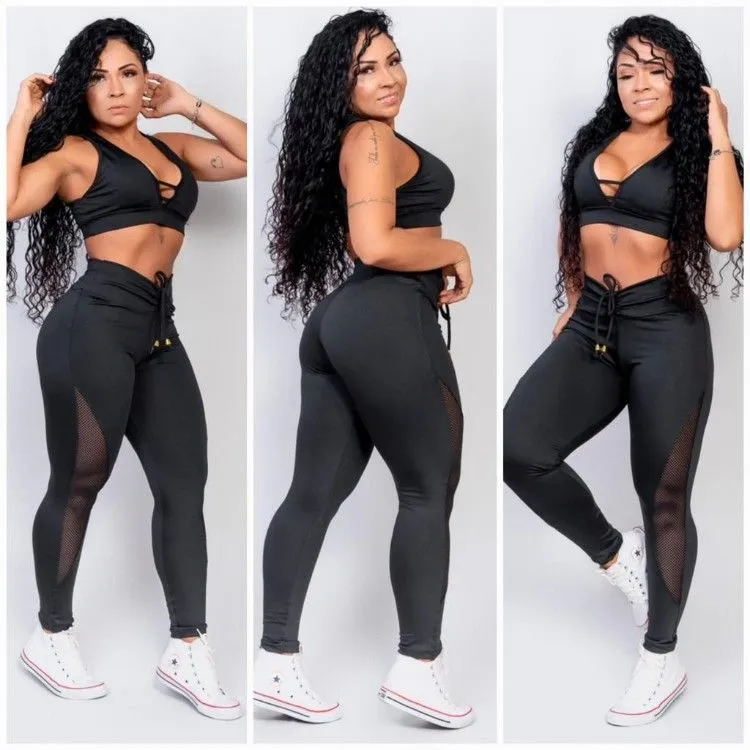 Conjunto fitness calça cintura alta com regulador e tela + top com bojo,