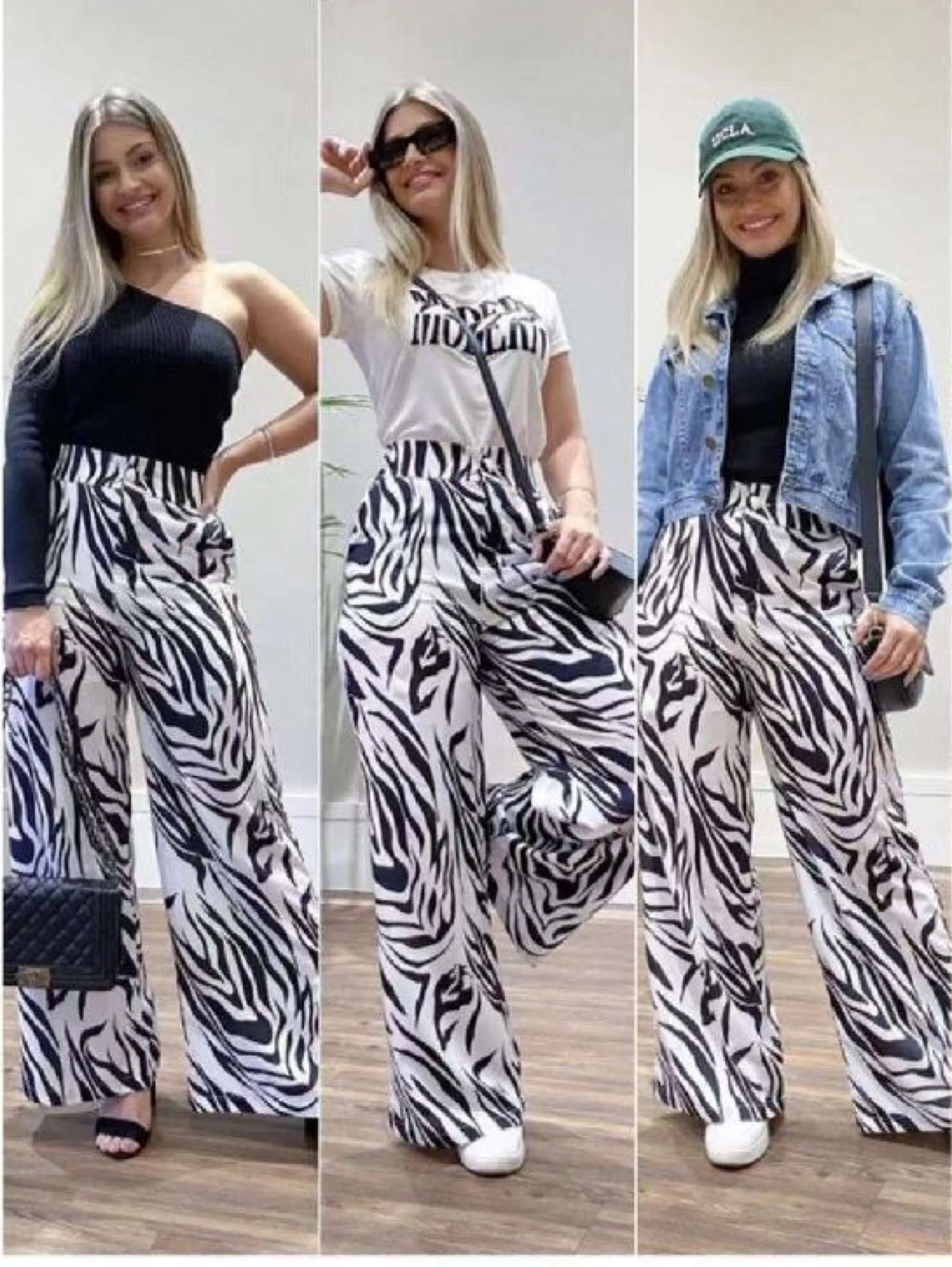 Calça pantalona com elástico na cintura estampa zebra H309