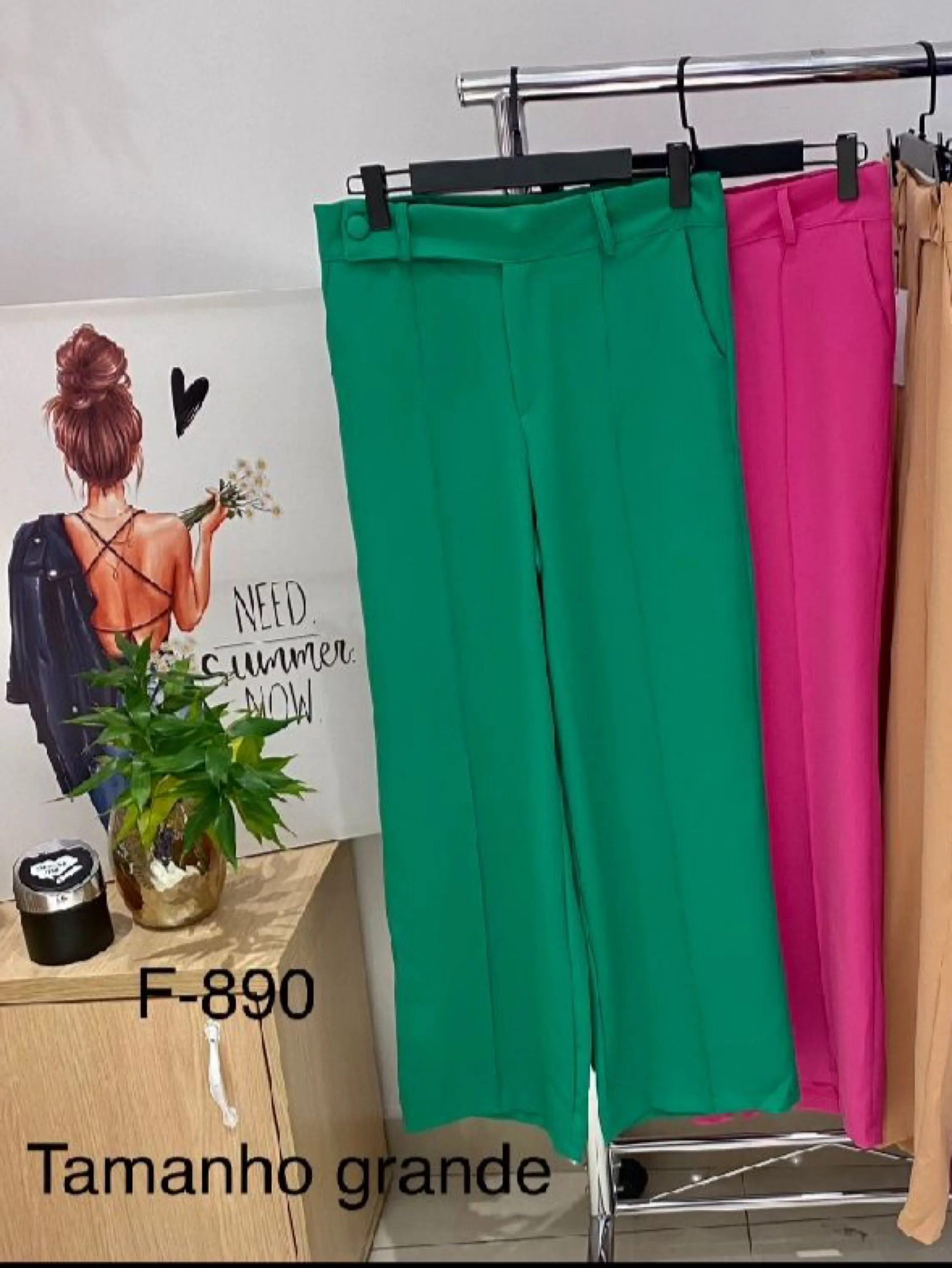 Calça feminina alfaiataria com vinco pantalona dois bolsos e um botão F890