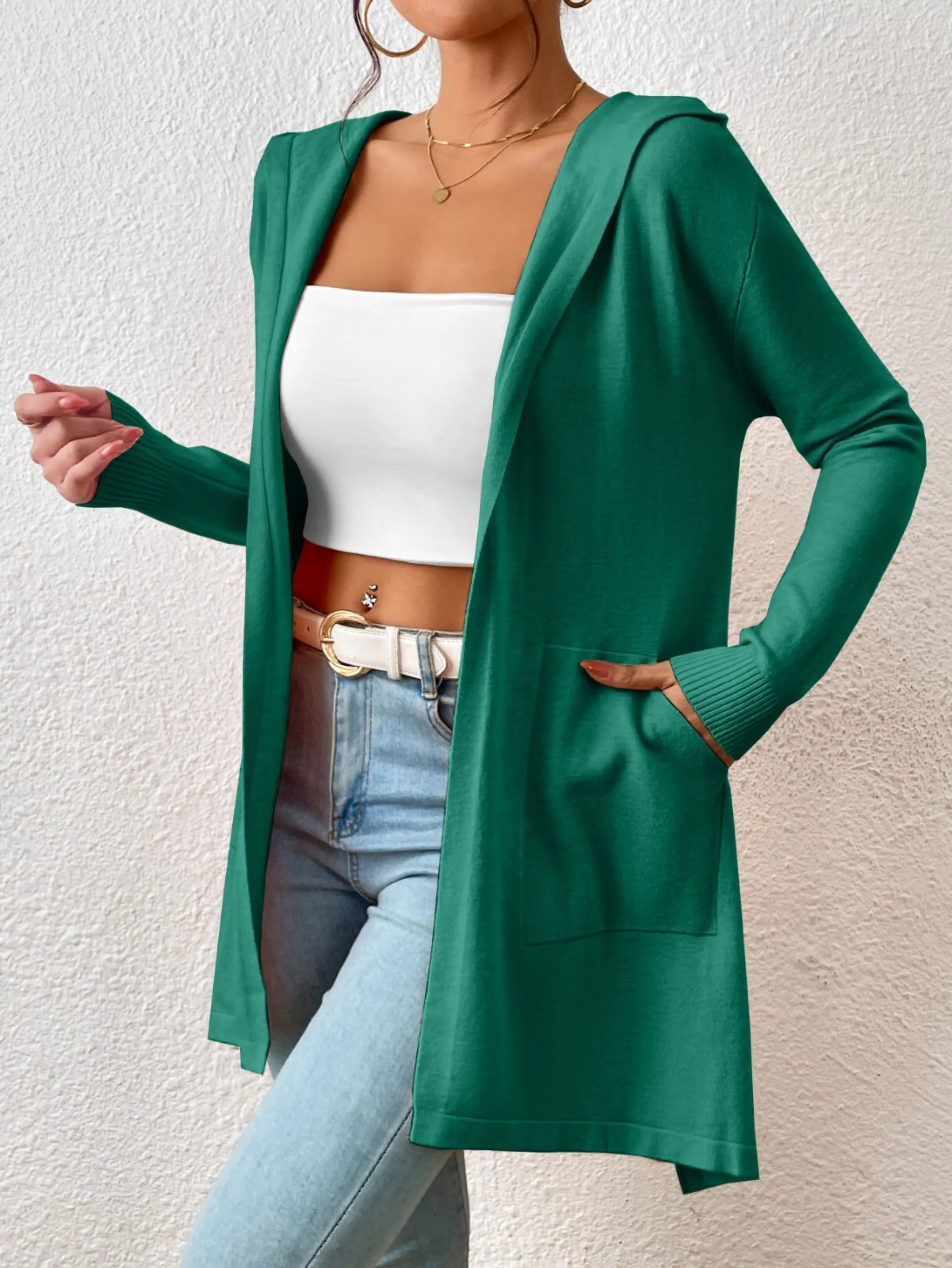 Cardigan malha modal Longo aberto com Capuz e bolso moda outono inverno MZ-888