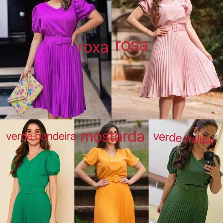 vestido plissada com cinto Arco Iris Moda Feminina