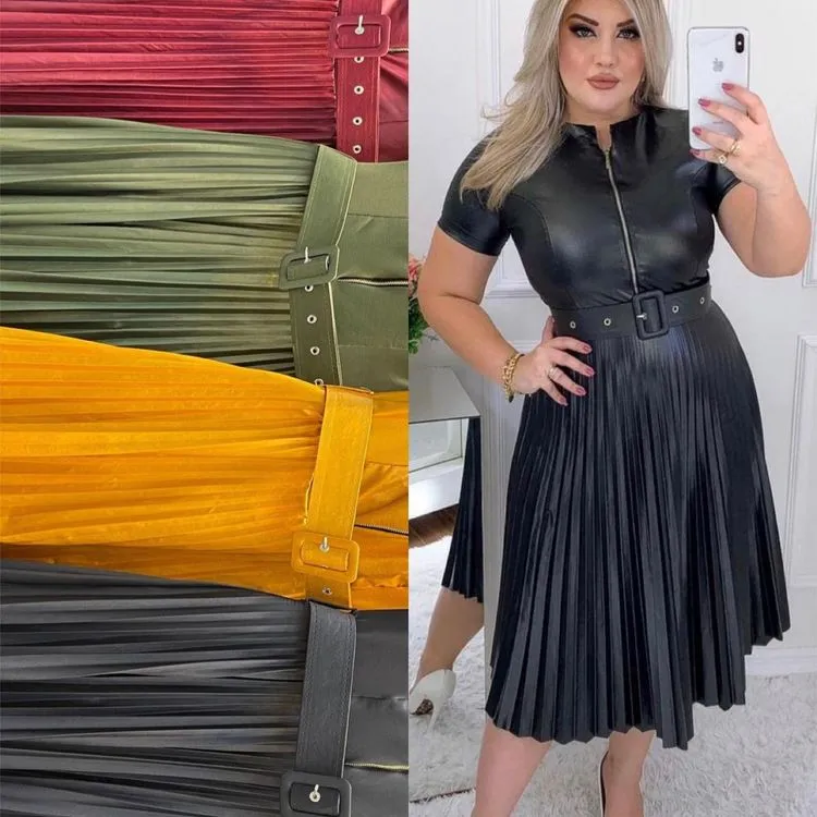 vestido plissada com cinto cirrê Arco Iris Moda Fminina