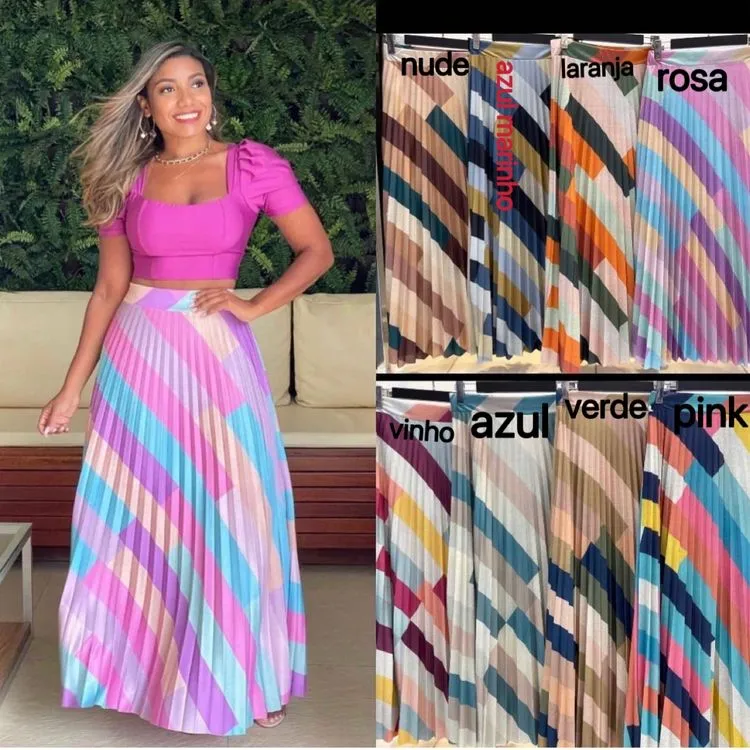 saia plissada longa Arco Iris Moda Feminina