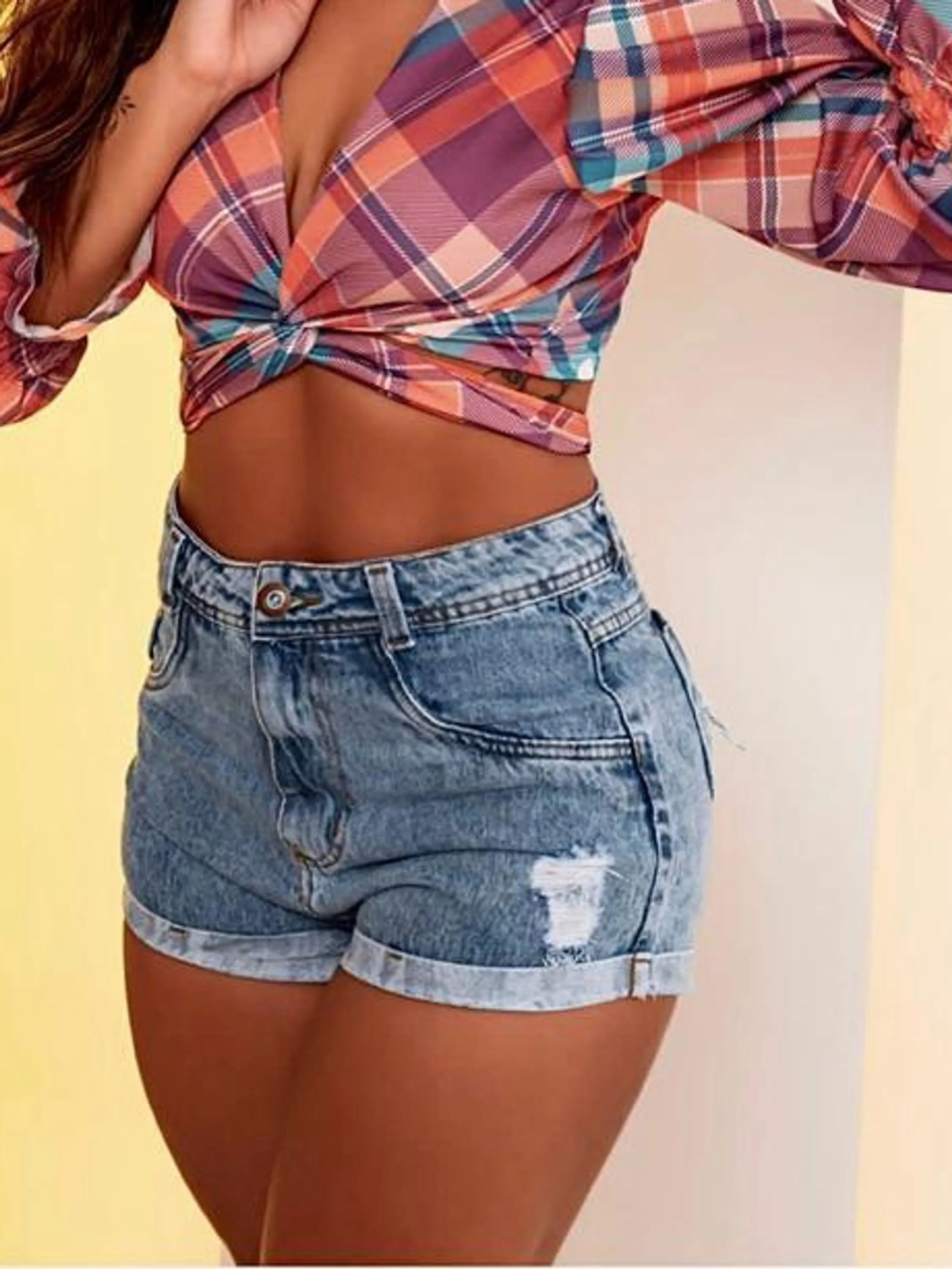 SHORT JEANS FEMININO AREIA DOBRADO