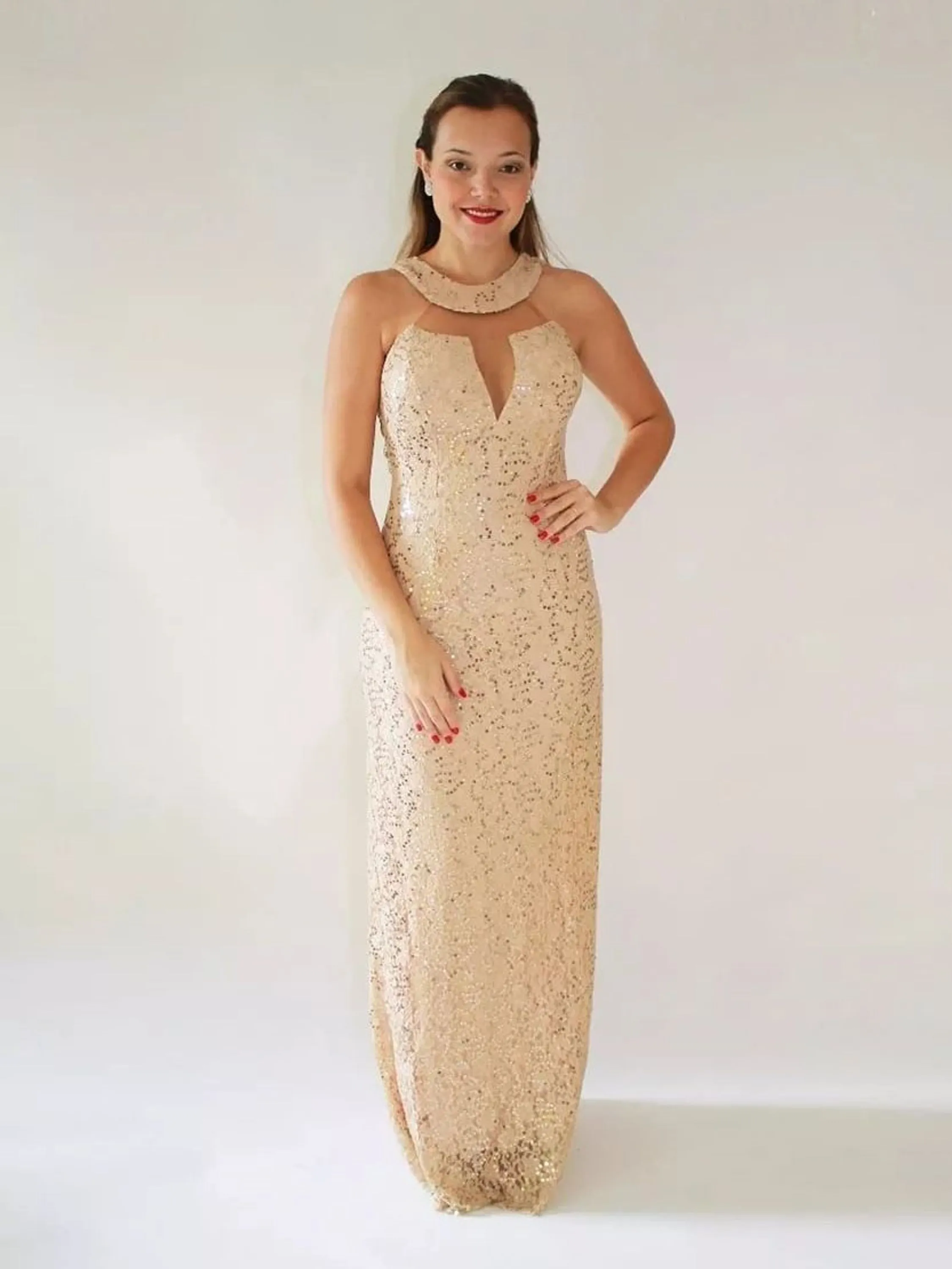 VESTIDO LONGO DE FESTA RENDA COM LANTEJOULAS DOURADO