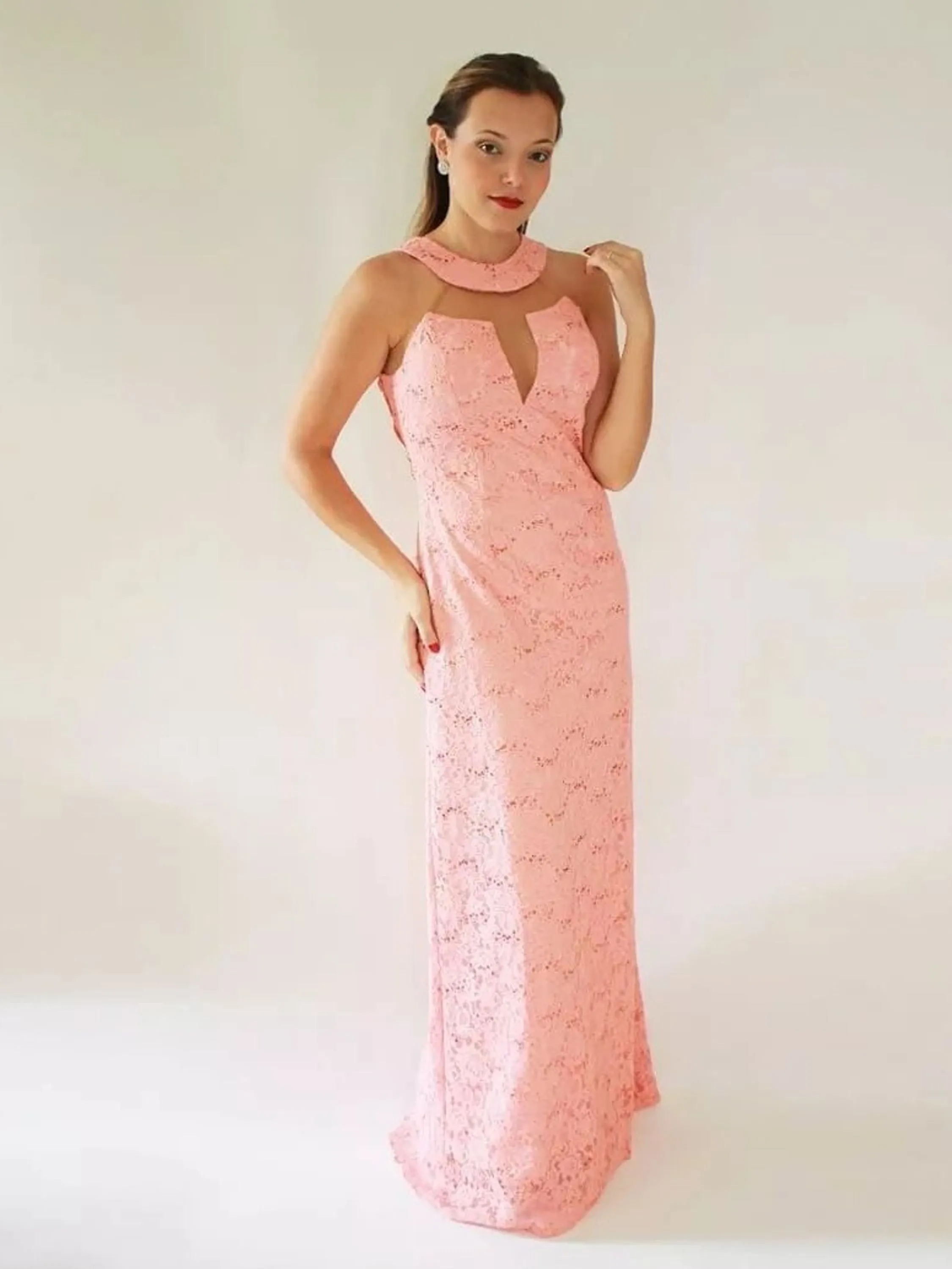 VESTIDO LONGO DE FESTA RENDA COM LANTEJOULAS ROSA