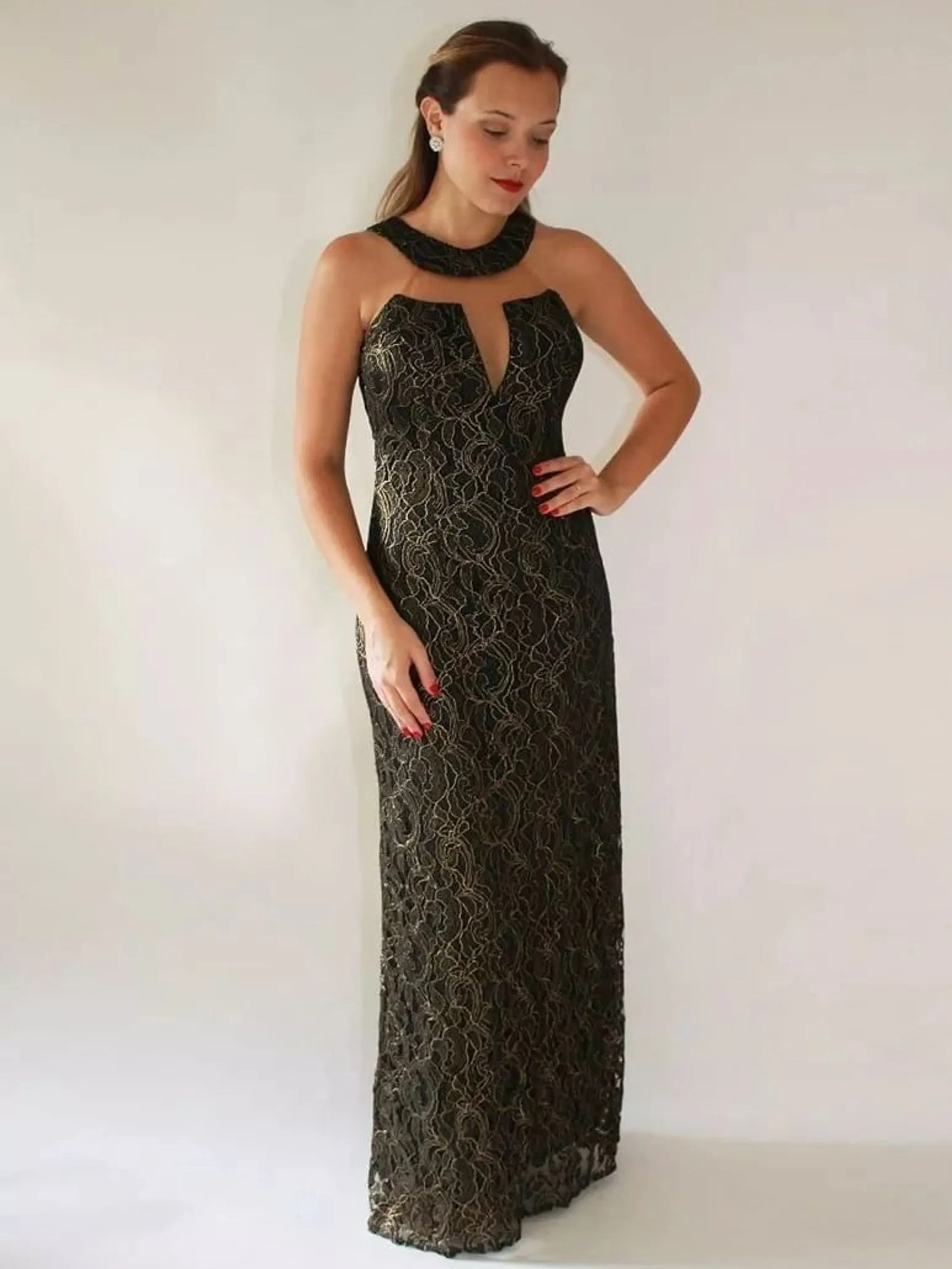 VESTIDO LONGO DE FESTA RENDA COM BRILHO PRETO