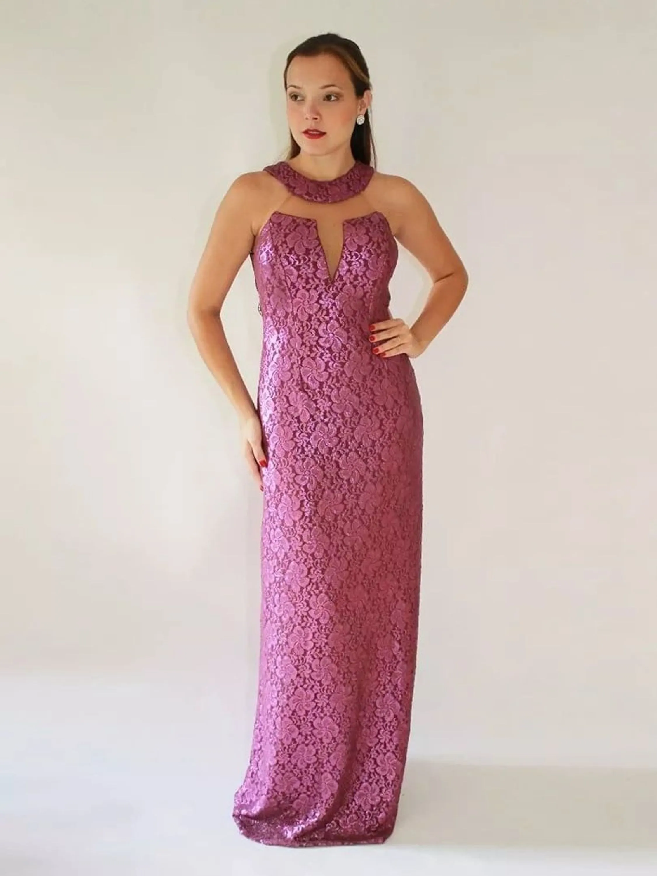 VESTIDO LONGO DE FESTA RENDA COM BRILHO ROXO